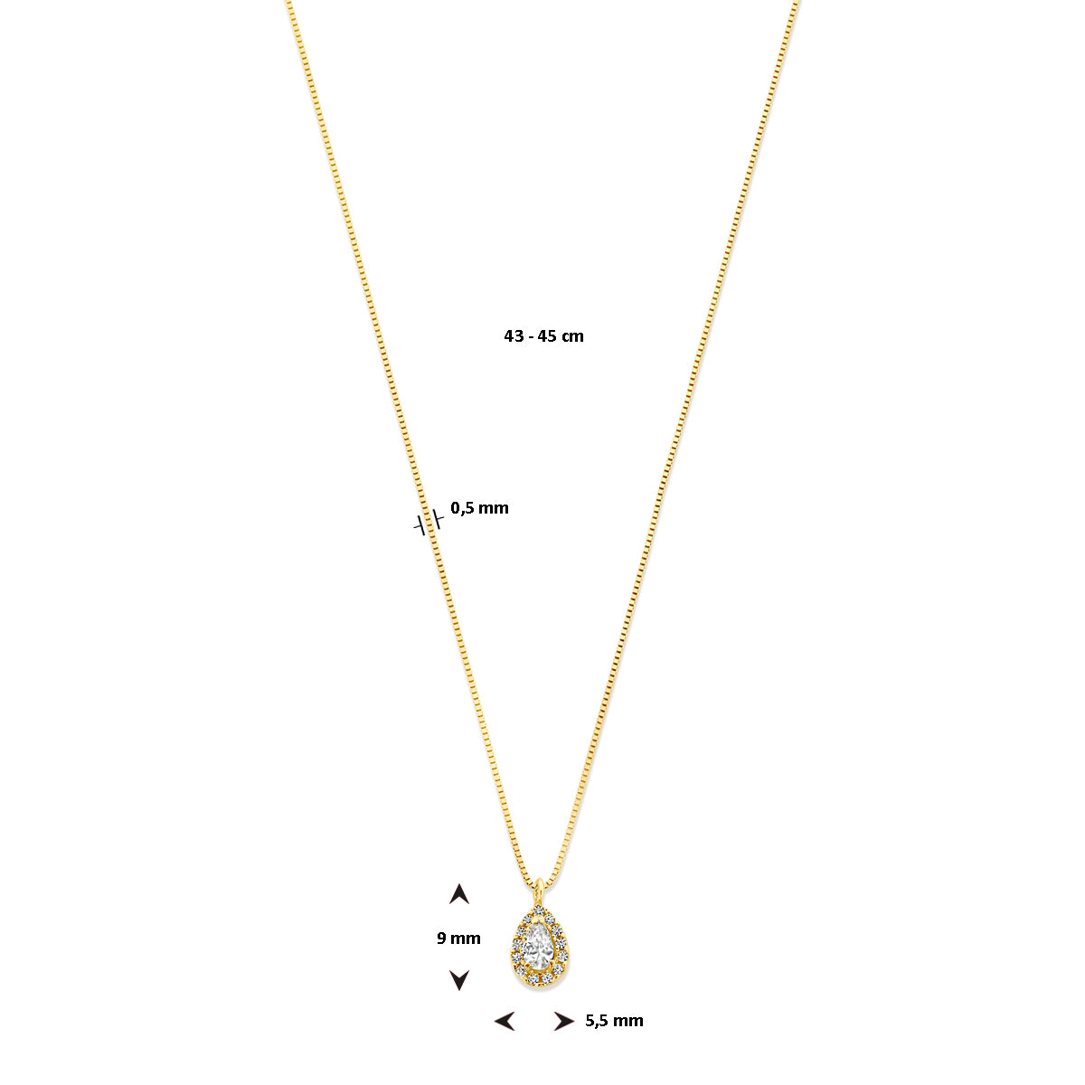 Collier druppel en zirkonia 43 - 45 cm