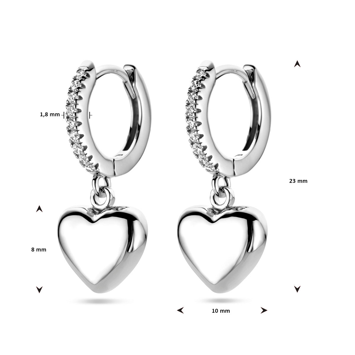 Zilver gerhodineerd hartjes oorringen / creolen
