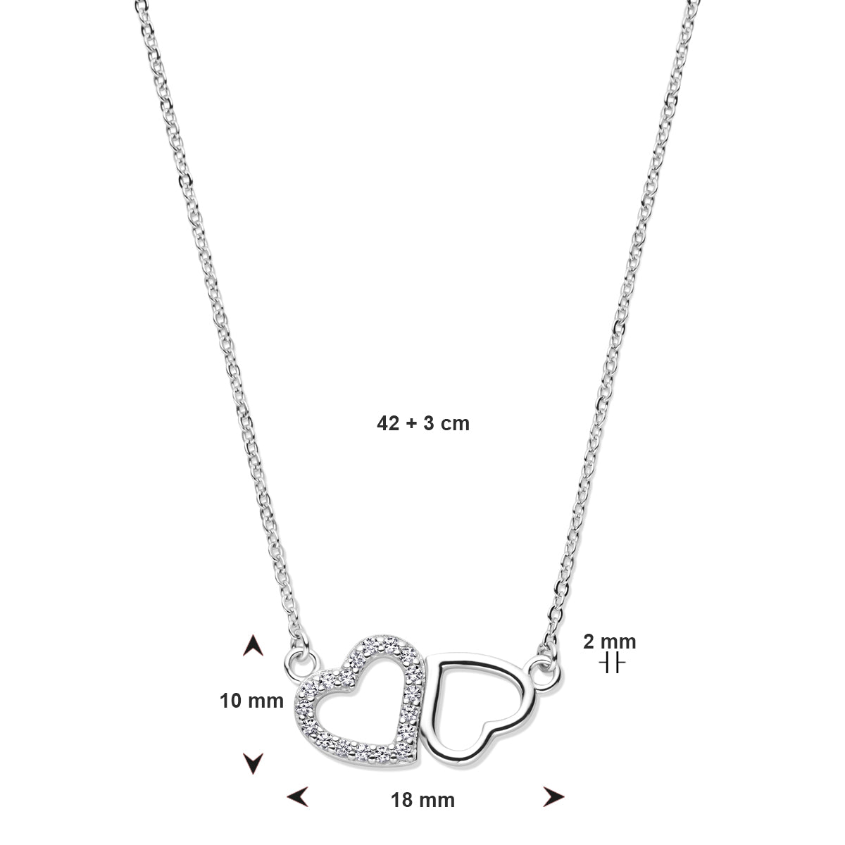 Collier hartjes zirkonia 42 + 3 cm
