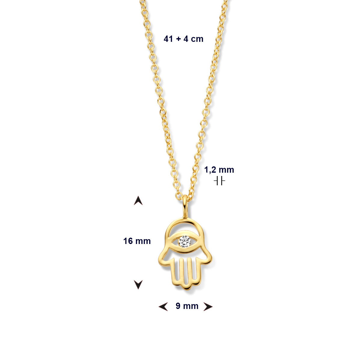 Collier handje van fatima en zirkonia 41 + 4 cm