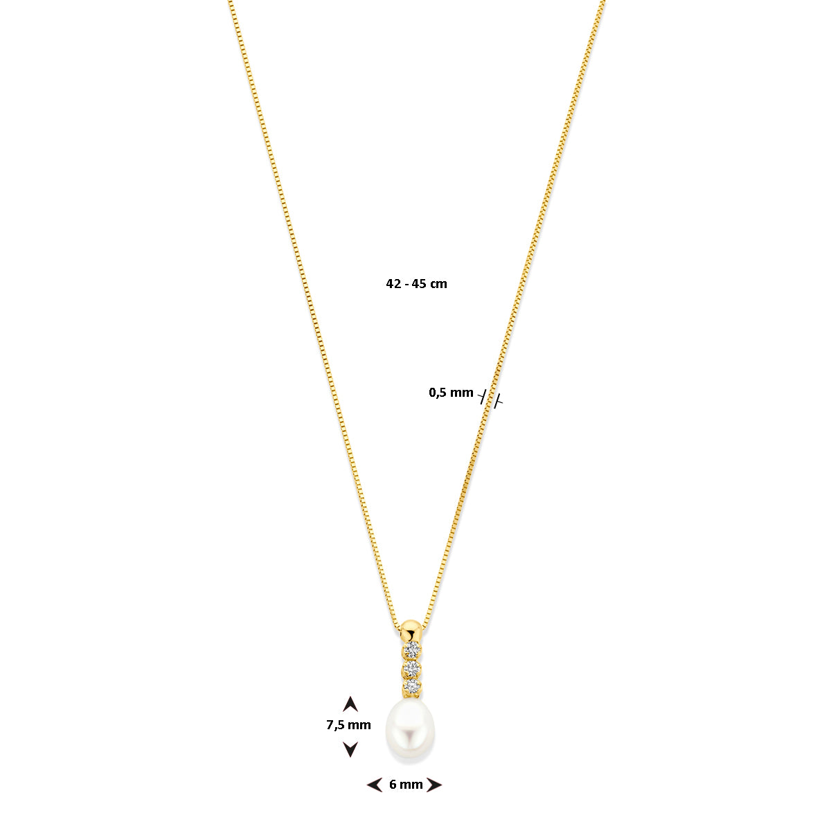 Collier zirkonia en parel 42 - 45 cm
