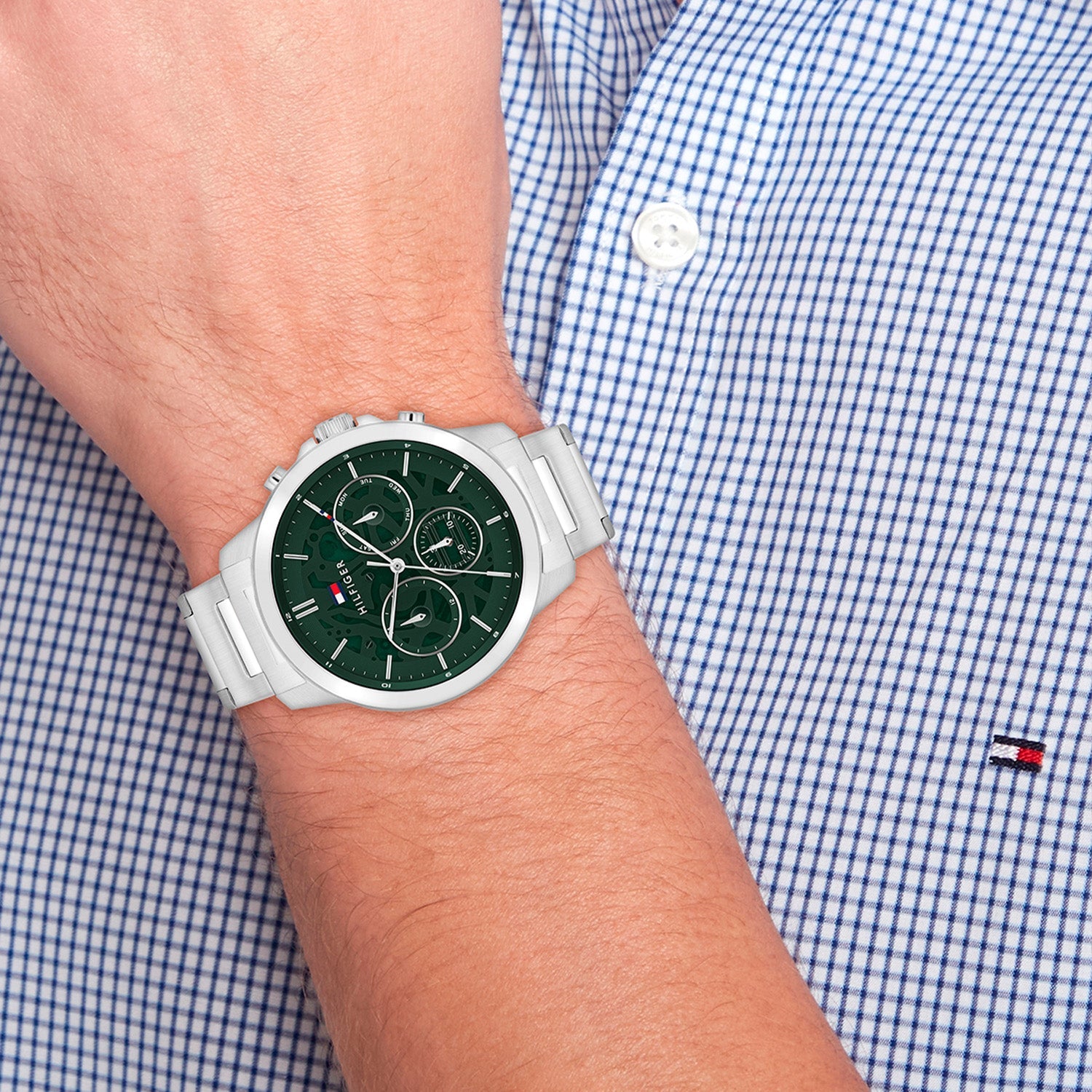 Tommy Hilfiger Zilverkleurig Herenhorloge met Groene Wijzerplaat TH1710686 - detailfoto 2