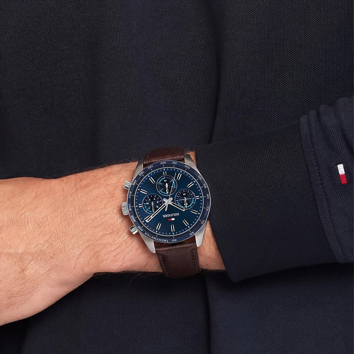 Tommy Hilfiger Hampton Zilverkleurig Herenhorloge met Bruine leren band TH1792276 - detailfoto 2